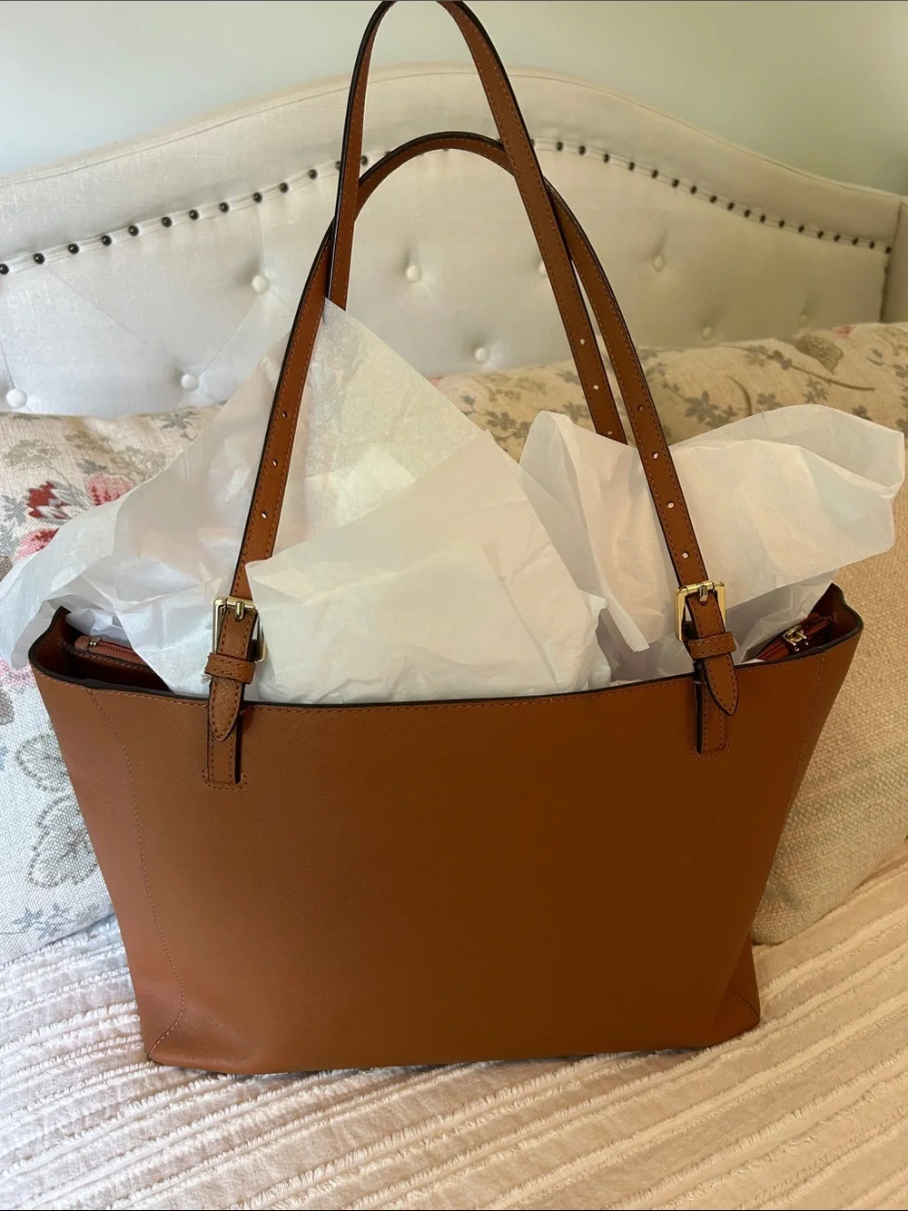 Tory Burch Leather Tote – Classic Brown Structured Work Bag w/ Buckle Handles